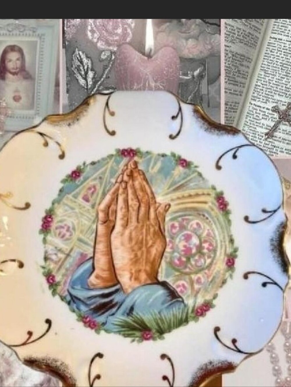 Vintage Mid State Products Co. Porcelain 22k Gold Trimmed Praying Hands Plate